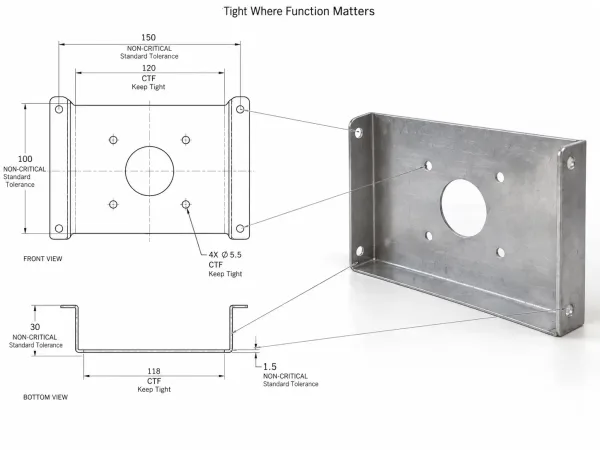 Critical-to-function and non-critical dimensions on a sheet metal enclosure drawing