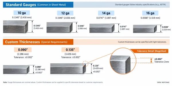 Engineering diagram showing standard gauge thicknesses versus custom thickness requirements with tolerance specifications
