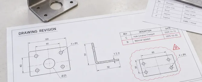 Engineering drawing revision control showing revision table and drawing version