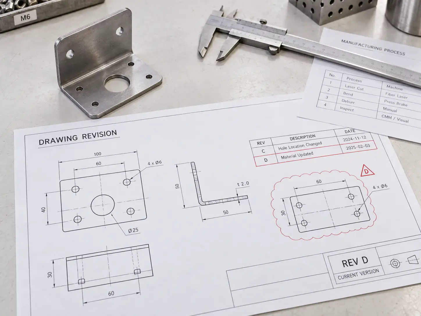 Engineering drawing revision control showing revision table and drawing version