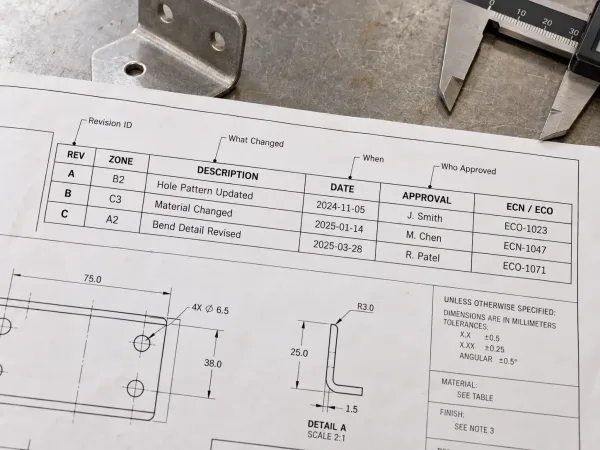 Engineering drawing revision table with revision identifier date approval and ECO fields