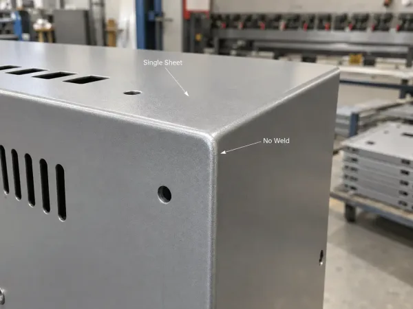 Close-up of a folded corner on a sheet metal enclosure
