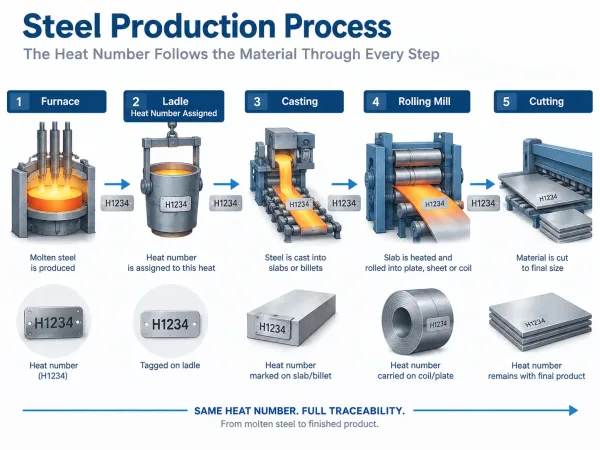Steel production process flowchart showing heat number assignment from furnace to cutting