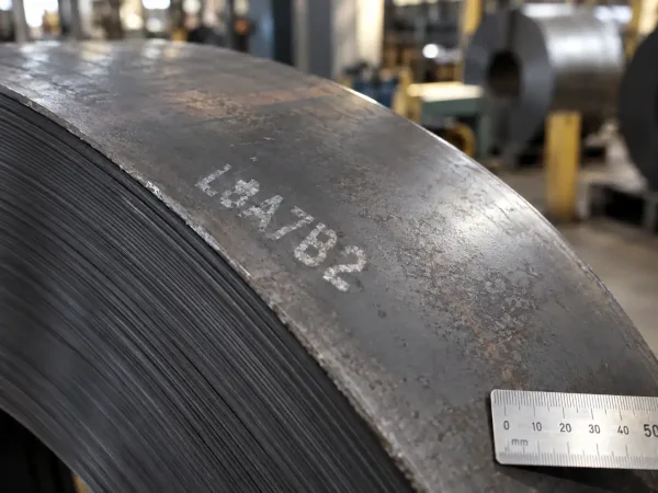 Close-up of inkjet-printed heat number L8A7B2 on steel coil edge with ruler scale