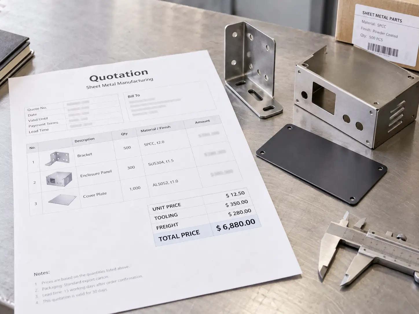 Manufacturing quote total price with sheet metal parts and cost line items