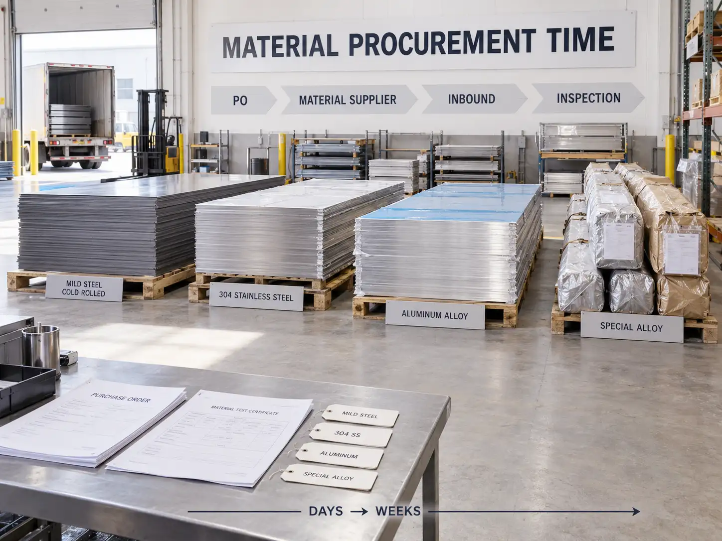 Material procurement time for sheet metal manufacturing from supplier order to material receiving