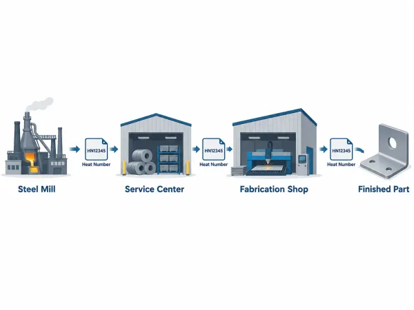 Material traceability chain from steel mill to final part with heat number flow