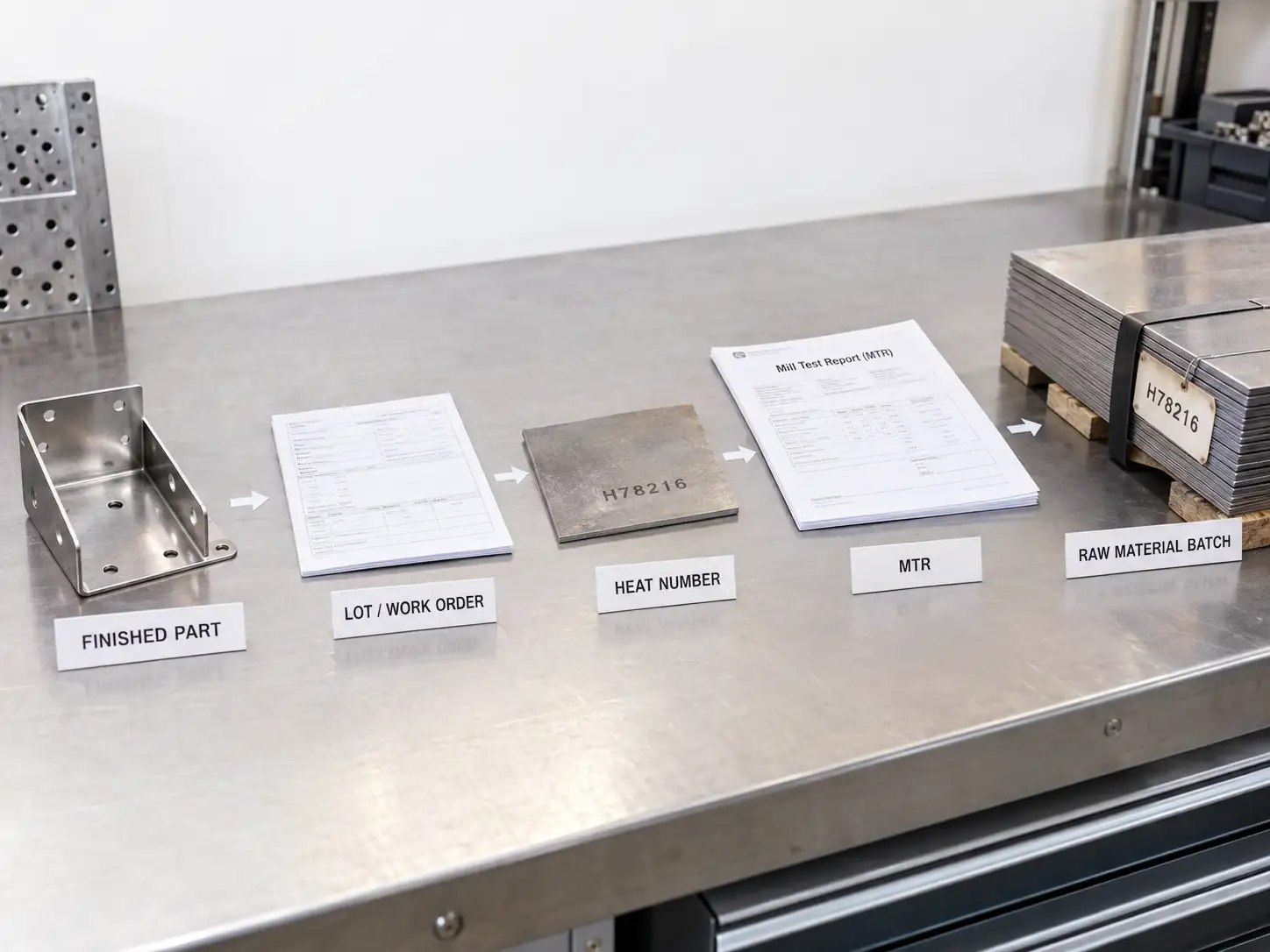 Material traceability from finished sheet metal part back to raw material batch