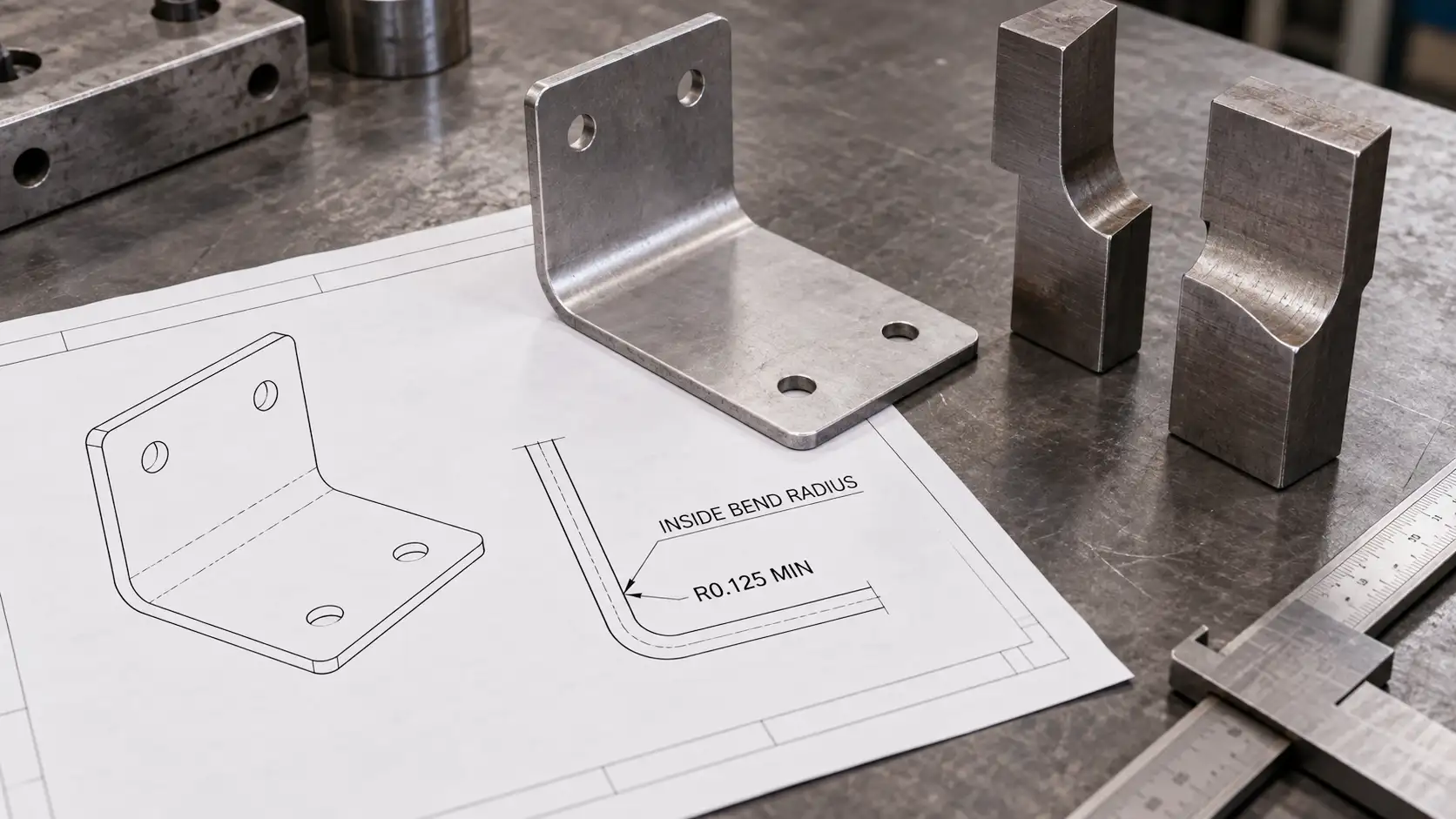 Minimum inside bend radius callout on a sheet metal engineering drawing