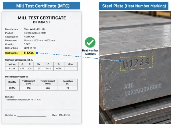 Mill test certificate with heat number H1234 matching stamped steel plate verification