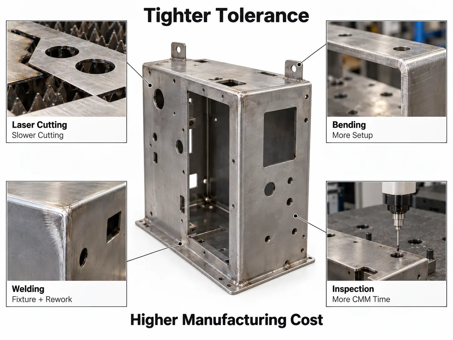Sheet metal tolerance optimization showing drawing tolerances, fabricated parts and production cost impact