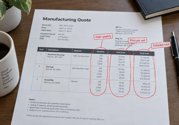 Example of a manufacturing price break quote with annotated key elements