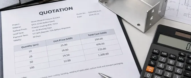 Manufacturing price break chart showing quantity tiers with decreasing unit costs