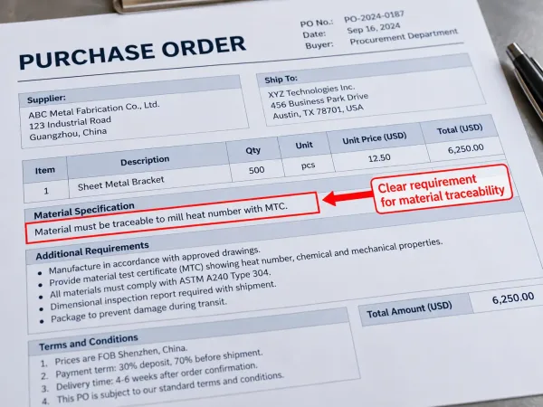 Purchase order specification field requiring heat number traceability with MTC