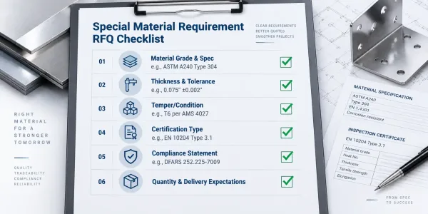 Checklist infographic showing key information to include when specifying special material requirements in RFQs