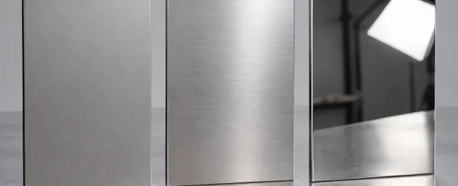 Three stainless steel panels showing matte, satin, and gloss finishes side by side under diffused lighting