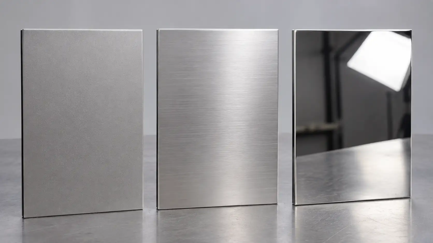 Three stainless steel panels showing matte, satin, and gloss finishes side by side under diffused lighting