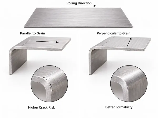 Sheet metal grain direction effect on bend radius and cracking
