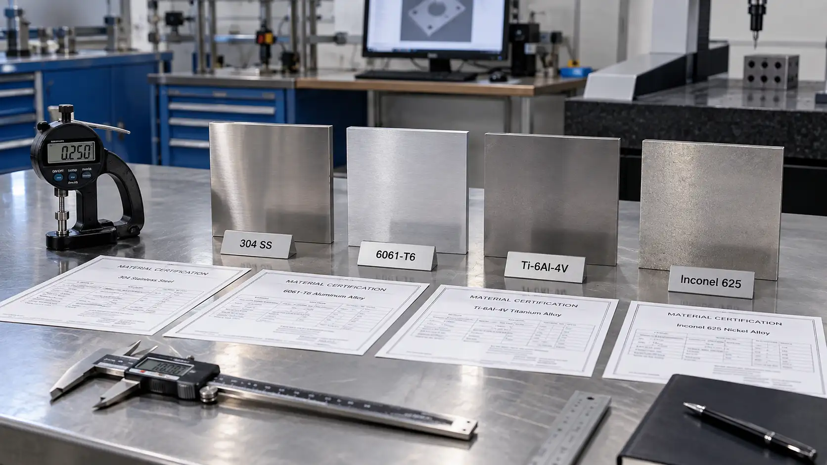 Sheet metal material samples with different grades, thicknesses, and certification documents displayed on a workbench