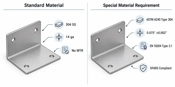 Comparison diagram showing standard material specifications versus special material requirements with visual indicators