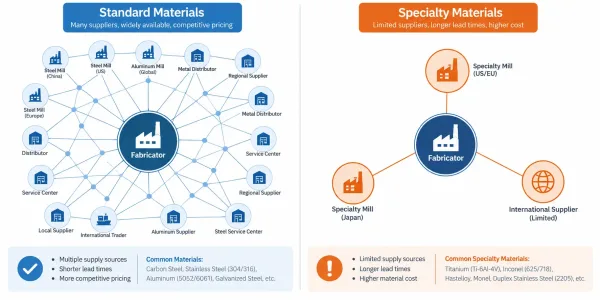 Comparison diagram showing extensive supplier network for standard materials versus limited suppliers for specialty materials