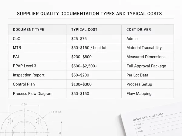 Typical supplier quality document types and cost ranges for OEM fabrication