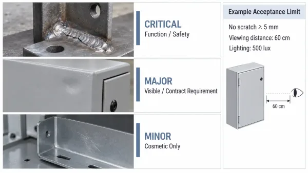 Visual inspection acceptance criteria for sheet metal defects