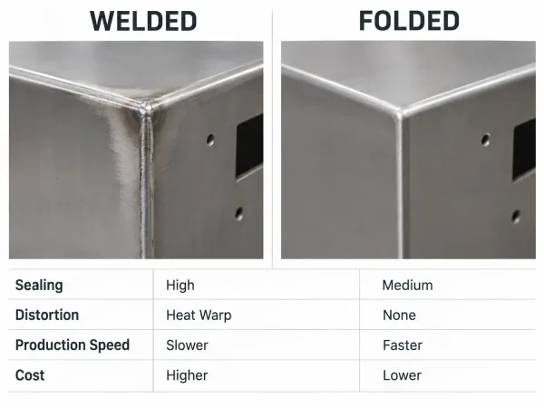 Comparison chart of welded and folded corners for metal enclosures